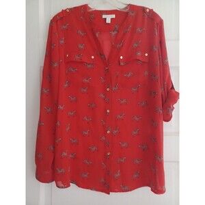 Charter Club blouse shirt zebras orange red LPetite sheer fall safari classic